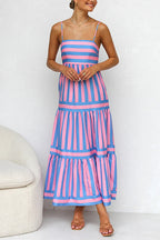Spaghetti Strap Ruffle Tiered Color Block Striped Maxi Dress