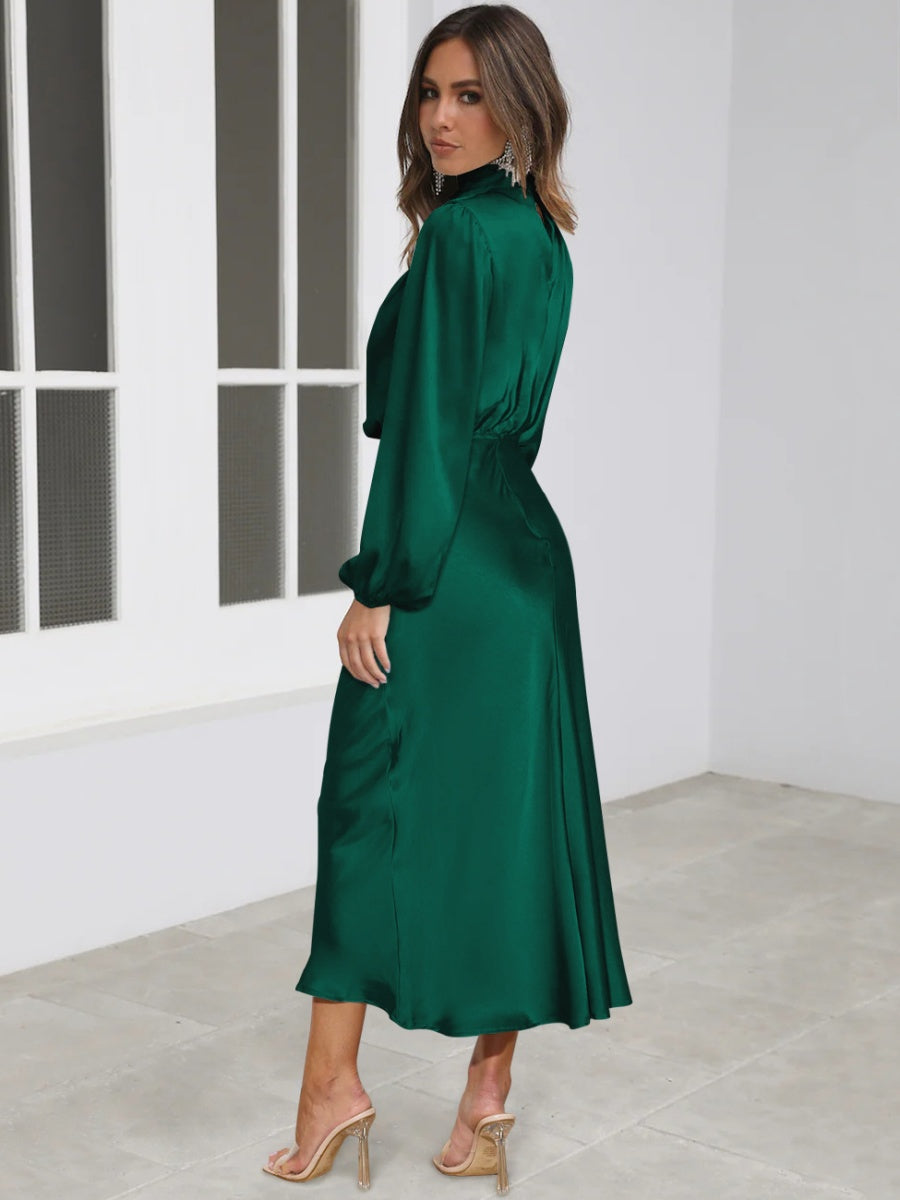 Satin Long Sleeve Zipper Solid Color Maxi Dresses