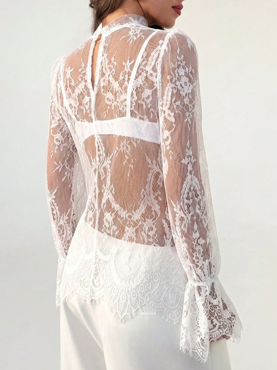 Lace Trim Long Sleeve Base Layer Mesh&Sheer Tops