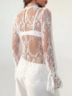 Lace Trim Long Sleeve Base Layer Mesh&Sheer Tops