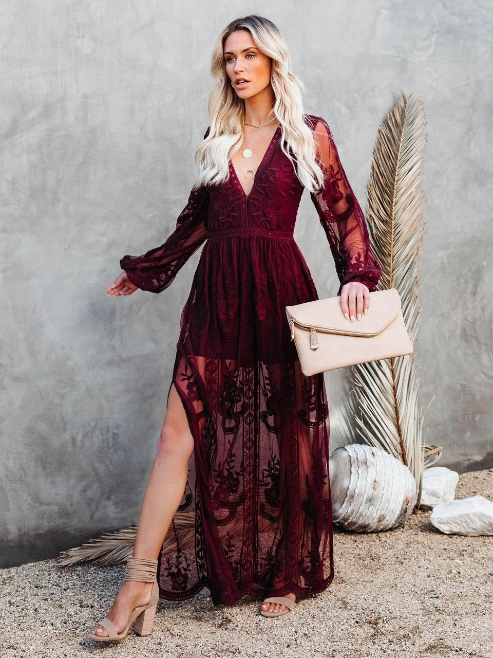 Lace Long-sleeved V-neck Solid Color Chiffon Long Dress