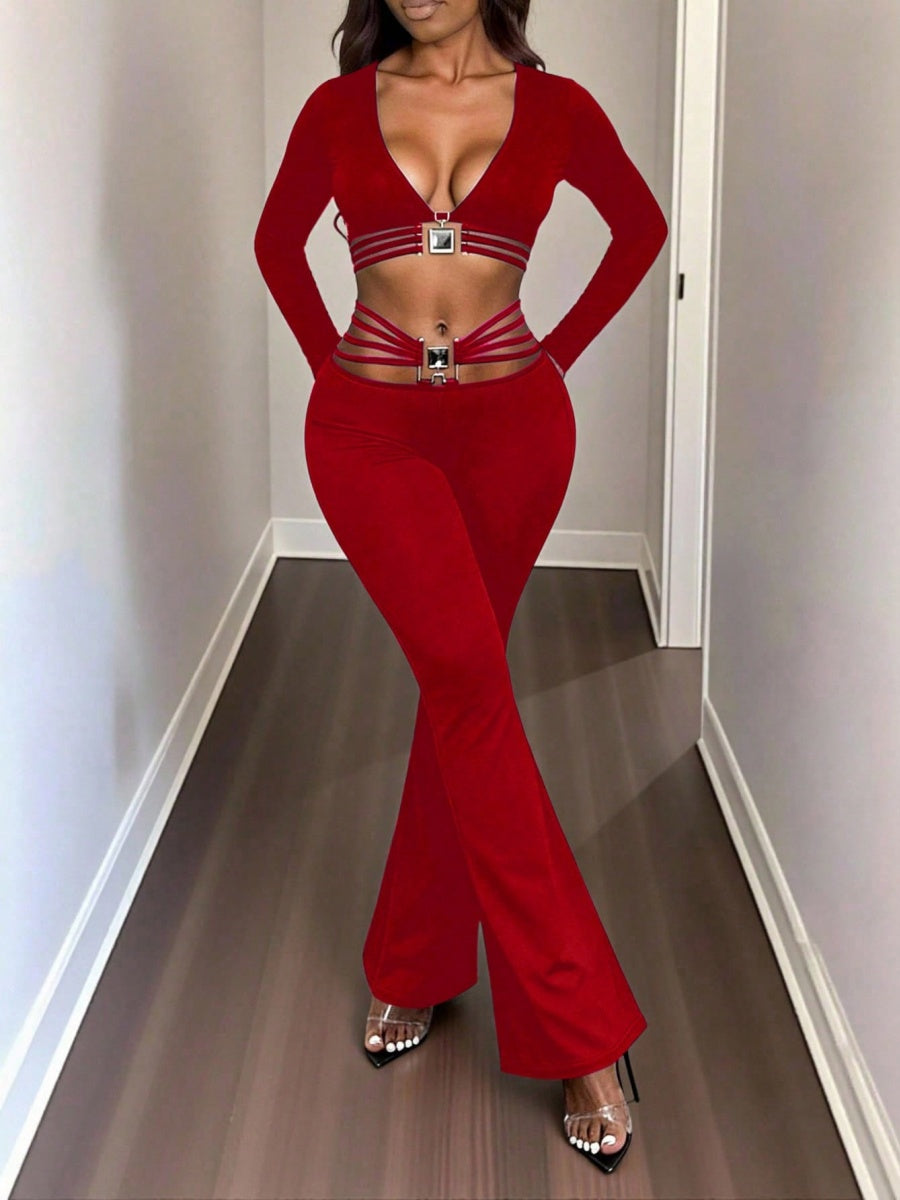 String Decoration Rhinestones Buttock Lift Bell-bottoms Stretch Pants