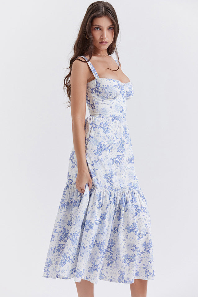 Sweetheart Bustier Wide Strap Floral Tiered Ruffle Midi Dress