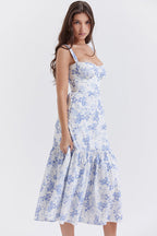 Sweetheart Bustier Wide Strap Floral Tiered Ruffle Midi Dress