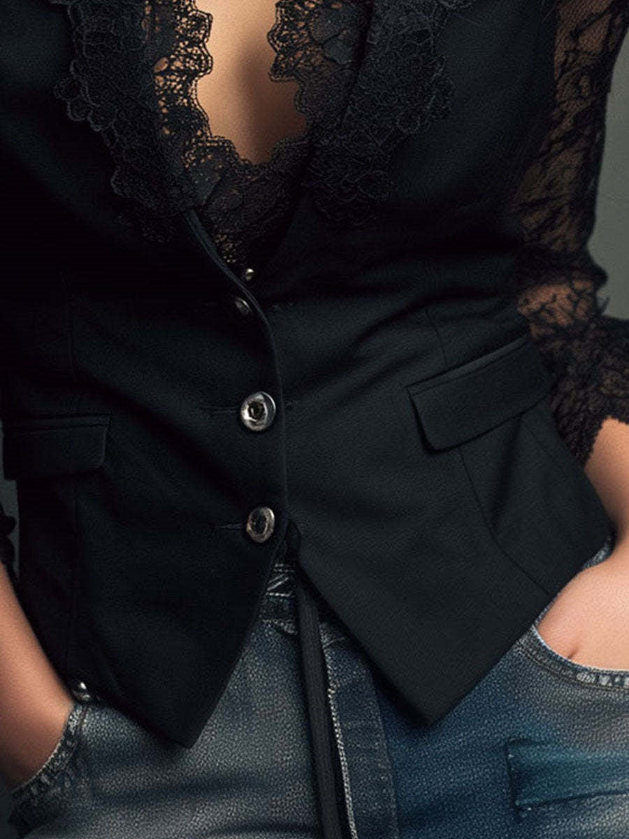 Lace Stitching V-neck Button Sexy Temperament Jackets