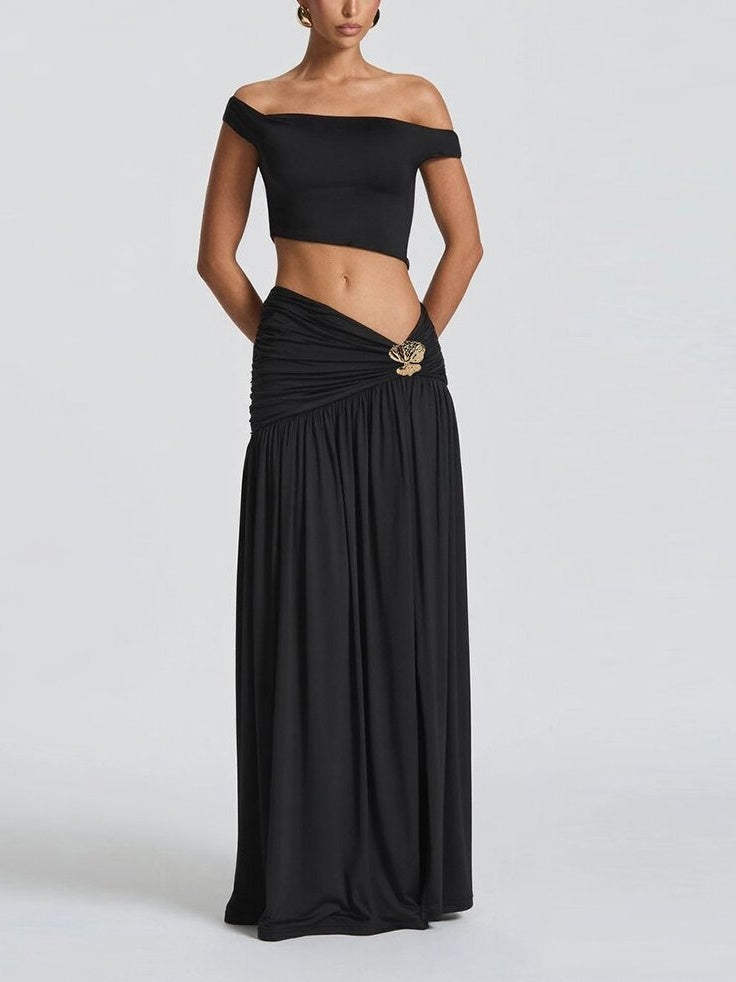 Off-shoulder Crop Top Tank Top And Fitted Side Slit Skirt Two-piece Set