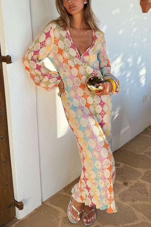 | V-Neck Lantern Sleeves Geometric Print Maxi Dress