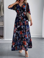 Printed Straps V-neck Short Sleeve Slit Maxi Dresses