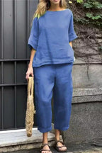 Half Sleeves Casual Pullover Top Wide Leg Pants Set
