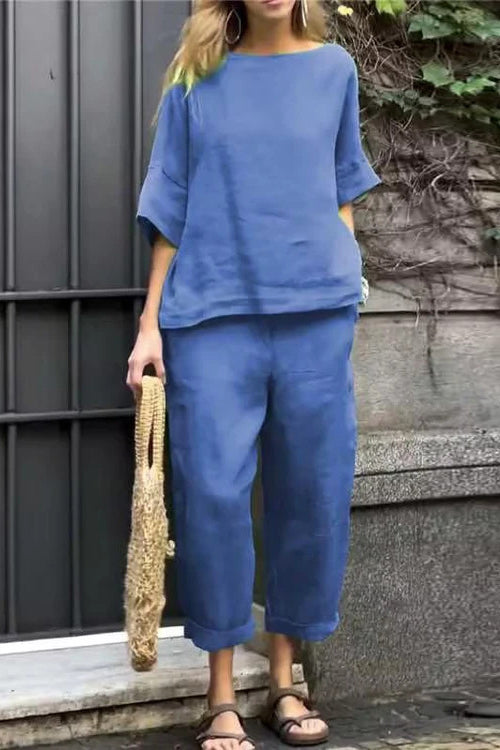 Half Sleeves Casual Pullover Top Wide Leg Pants Set