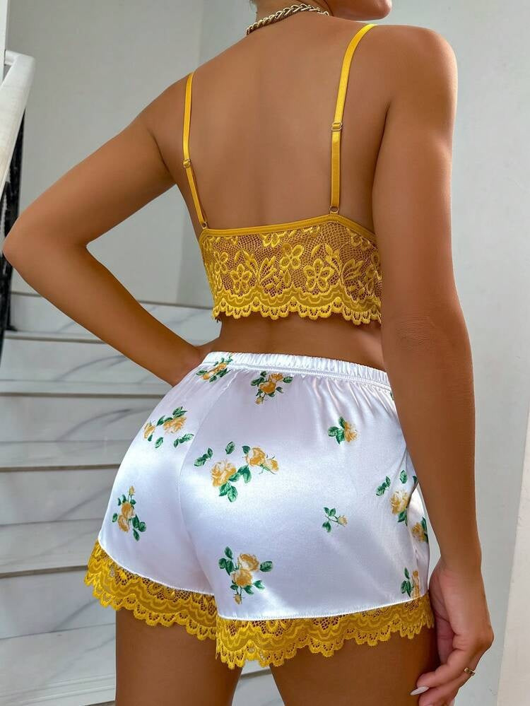Deep V Lace Cutout Camisole Bra And Lace Trim Shorts Pajama Set