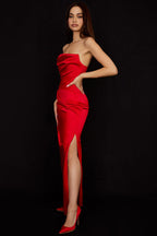 Strapless Cowl Neck Ruched Satin High Slit Maxi Dress