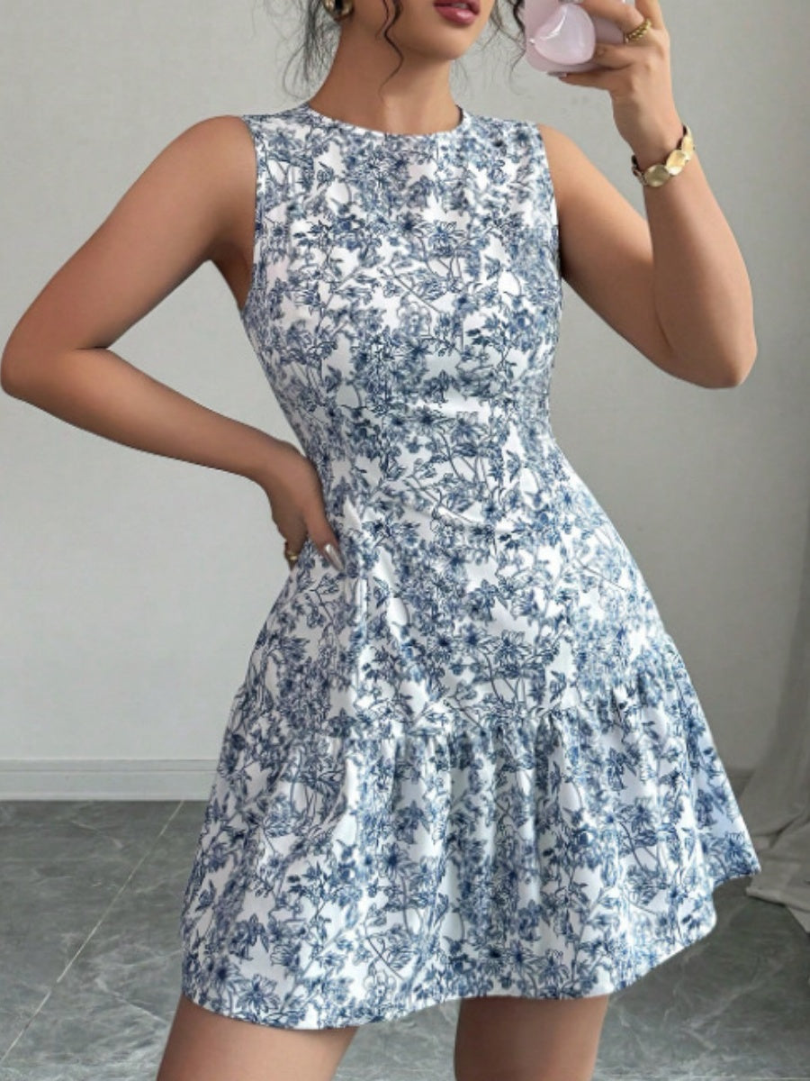 Bohemian Style French Elegance Floral Print Sleeveless Belted Short Dress