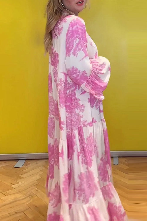 V Neck Bell Sleeves Ruffle Tiered Printed Maxi Dress