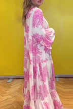 V Neck Bell Sleeves Ruffle Tiered Printed Maxi Dress