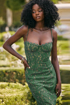 Floral Lace Underwire Corset Spaghetti Strap Paneled Seam Midi Dress