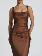 Dark Brown Satin Square Collar Pleated Maxi Dresses