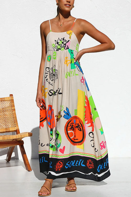 Tie Back Cut Out Graffiti Print Flowy Maxi Cami Dress