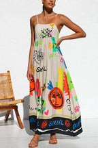 Tie Back Cut Out Graffiti Print Flowy Maxi Cami Dress