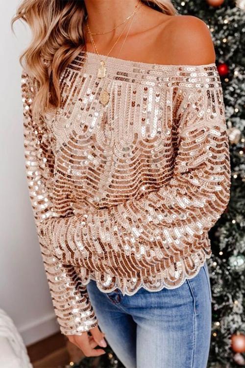 Crewneck Long sleeve Sparkly Sequin Tops