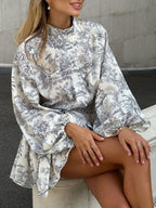 Elegant And Fashionable Long-sleeved Tie Printed Mini&Short Dresses