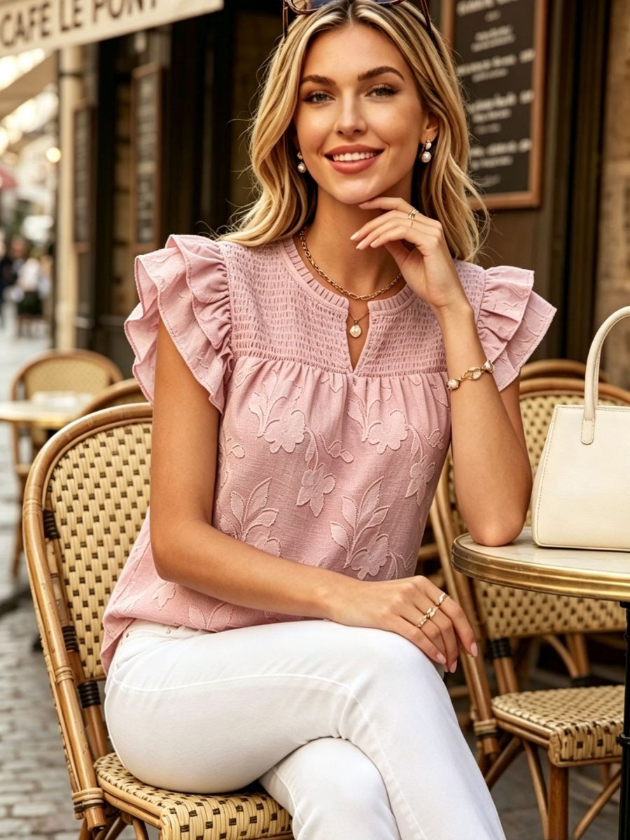 Loose-fitting, Gathered, Ruffled, Short-sleeved Jacquard Shirt T-shirts