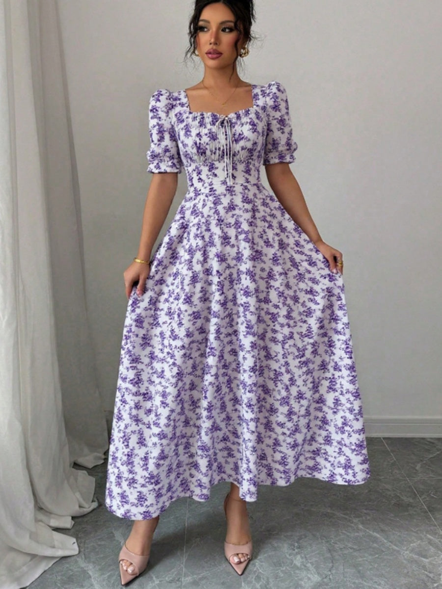 Floral Short Sleeve Square Collar Ruffle Vacation And Leisure Maxi Dresses