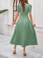 Pleated Waist Short Sleeve Maxi Dresses