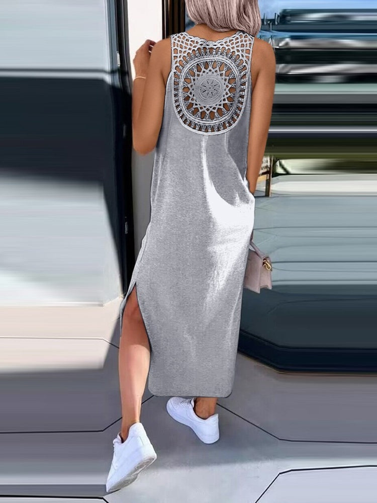 Simple Solid Color Sleeveless Long Dress With Openwork Floral Pattern On The Back