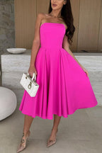 Strapless Open Back Waisted Swing Midi Dress