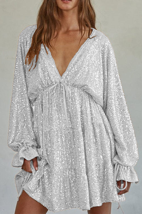 V Neck Balloon Sleeves Backless Drawstring Sequin Dress(in 4 Colors)