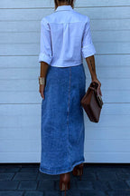 High Rise Button Down Slit Denim Skirt
