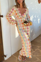 Adriana Premium V Neck Lantern Sleeves Geometric Print Maxi Dress Designer Edit