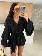 V-neck, Irregular Tie-waist, Long-sleeved, Loose-fitting Short Dress