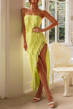 Spaghetti Strap Ruffle Trim Split Maxi Bodycon Dress