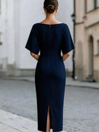 Solid Color Short-sleeved Fitted Waist Midi Dress