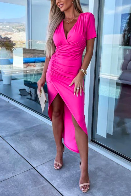 V Neck Short Sleeves Ruched Solid Irregular Dress