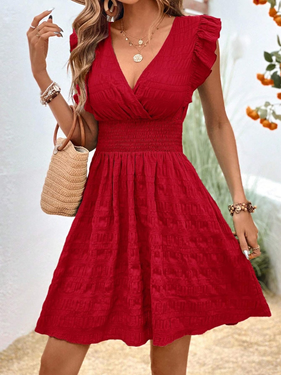 V-neck Pleated Ruffles Solid Color Mini&Short Dresses