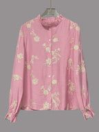 Floral Embroidery Color Block V-Neck Long-Sleeve Shirt