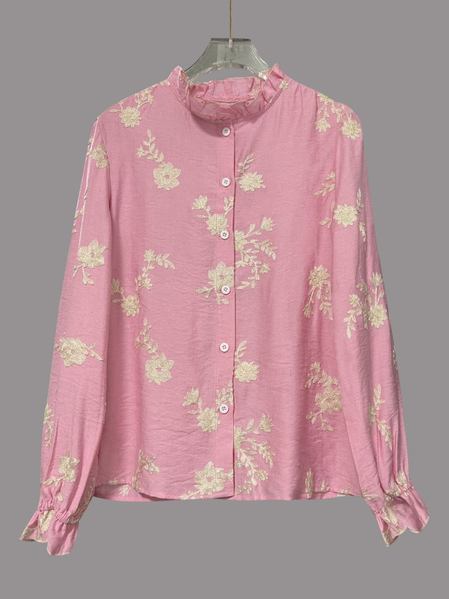 Floral Embroidery Color Block V-Neck Long-Sleeve Shirt