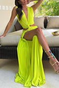 V Neck Knot Front Cut Out High Slit Sleeveless Maxi Dress