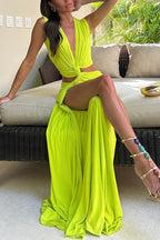 V Neck Knot Front Cut Out High Slit Sleeveless Maxi Dress