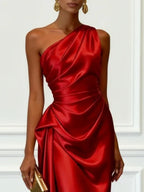 Off-the-shoulder Satin Pleated Midi Dress