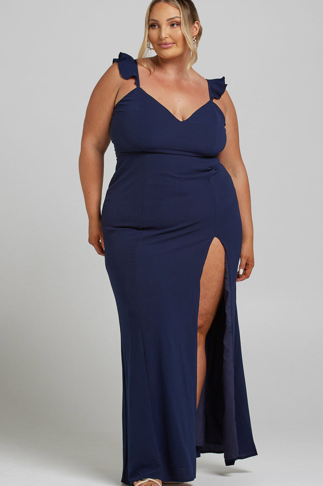 Deep V-Neck Ruffle Strap Thigh Slit Floor Length Maxi Dress