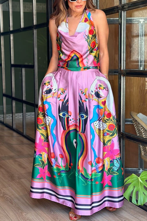 Unique Print Cowl Neck Tie Knot Backless Top and Pocketed Maxi Skirt Set