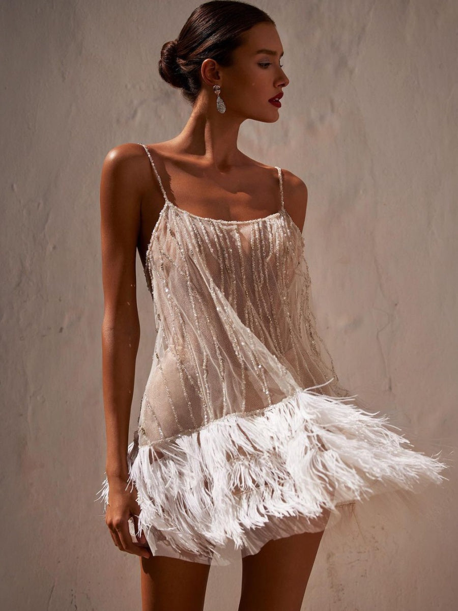 Feather Tassel Sequins Mesh Diamond Parties Mini&Short Dresses