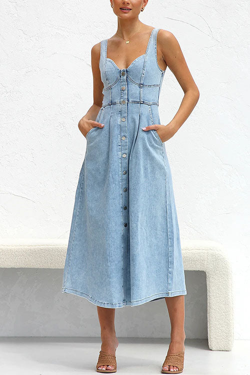 Distressed Button Down Pocketed Denim A-line Midi Cami Dress