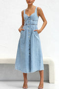 Distressed Button Down Pocketed Denim A-line Midi Cami Dress
