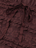 Square Collar Lace Trim Lace Up Long Sleeve Mini&Short Dresses