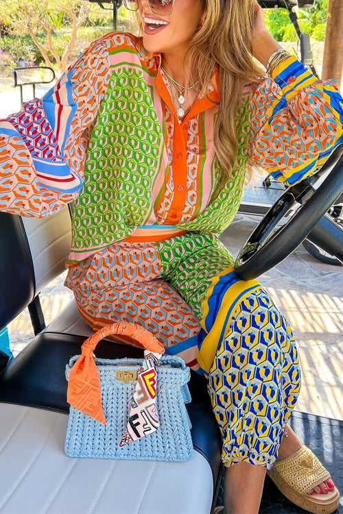 Unique Print Balloon Sleeves Button Up Shirt Elastic Waist Jogger Pants Holiday Set